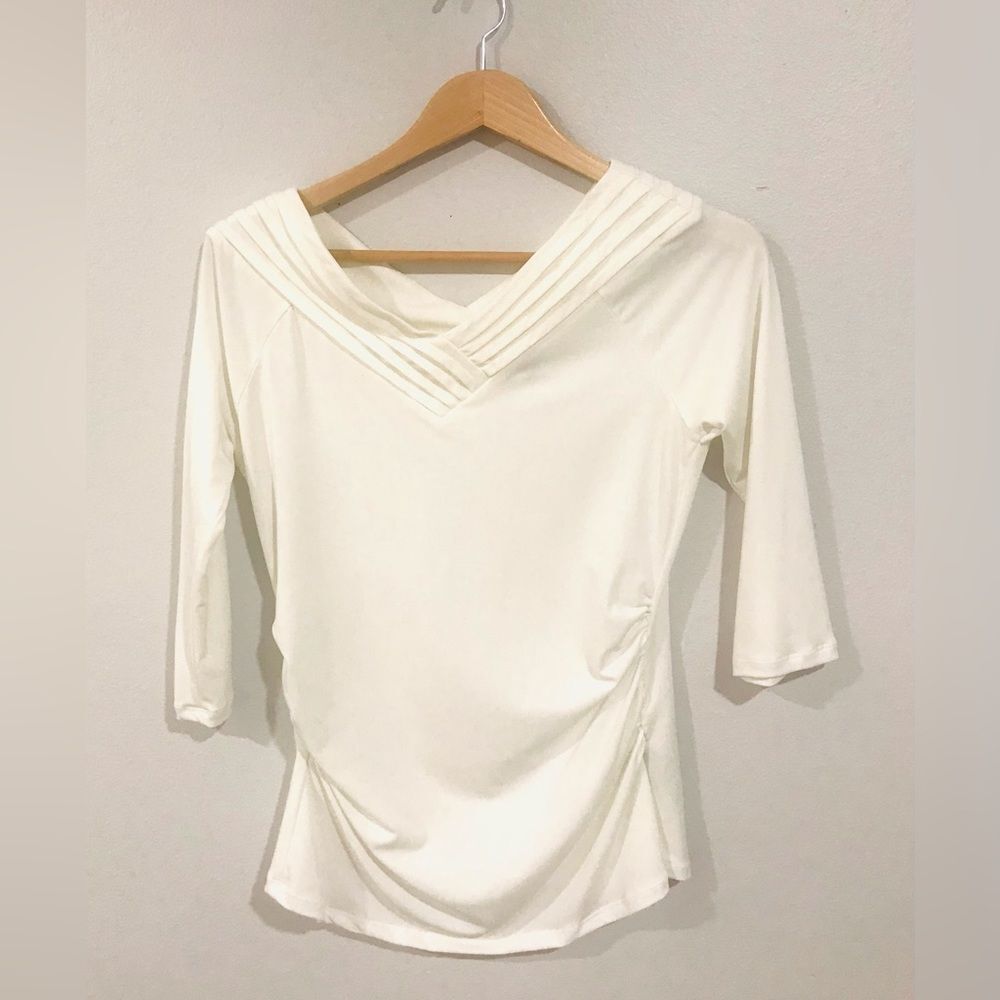 Premise Womens Blouse Pleated V Neck Y2K minimalist Neutral business casual S